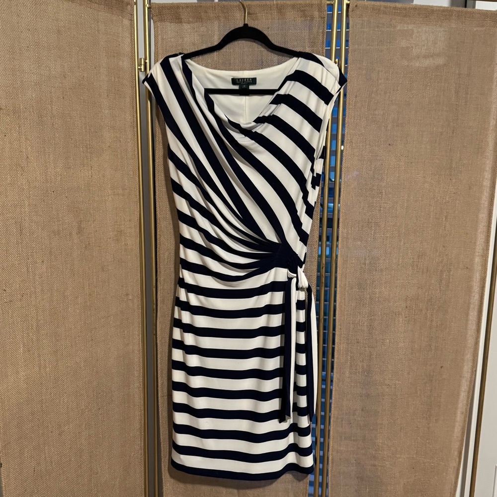 Ralph Lauren Navy and White Striped Gathered Dress 10